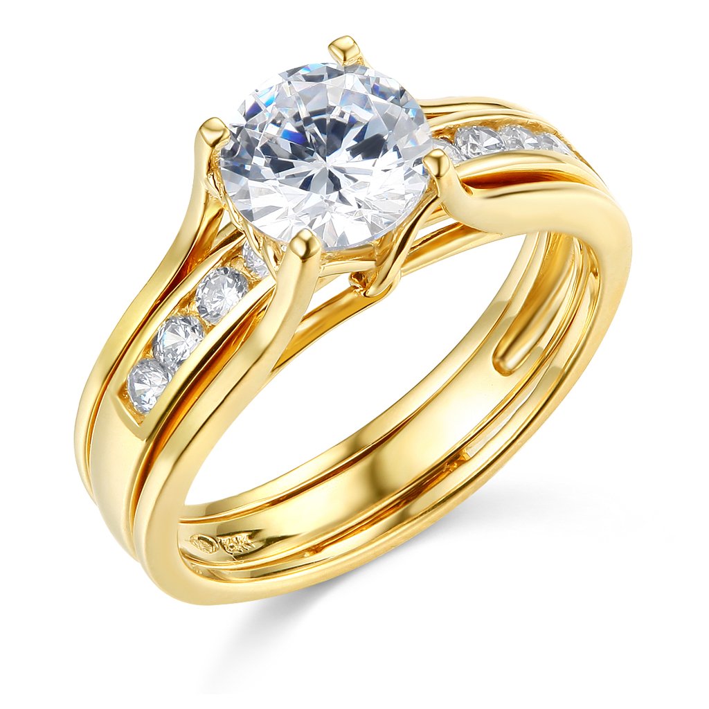 14k Yellow Gold SOLID Engagement Ring & Wedding Band Set - Size 6