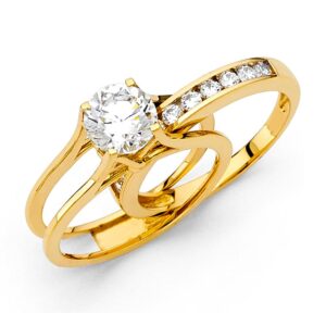 14k Yellow Gold SOLID Engagement Ring & Wedding Band Set - Size 6