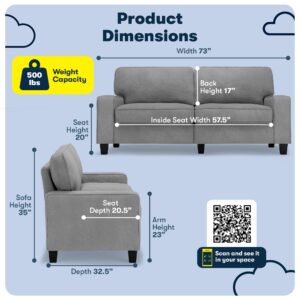 Serta Palisades 73" Track Arm Sofa, Easy Care Polyester, Soft Pillow Back, Pocket Coil Seat Cushions, Removable Covers, Loveseat or Couch for Small Spaces, Living Rooms or Bedrooms, Glacial Gray