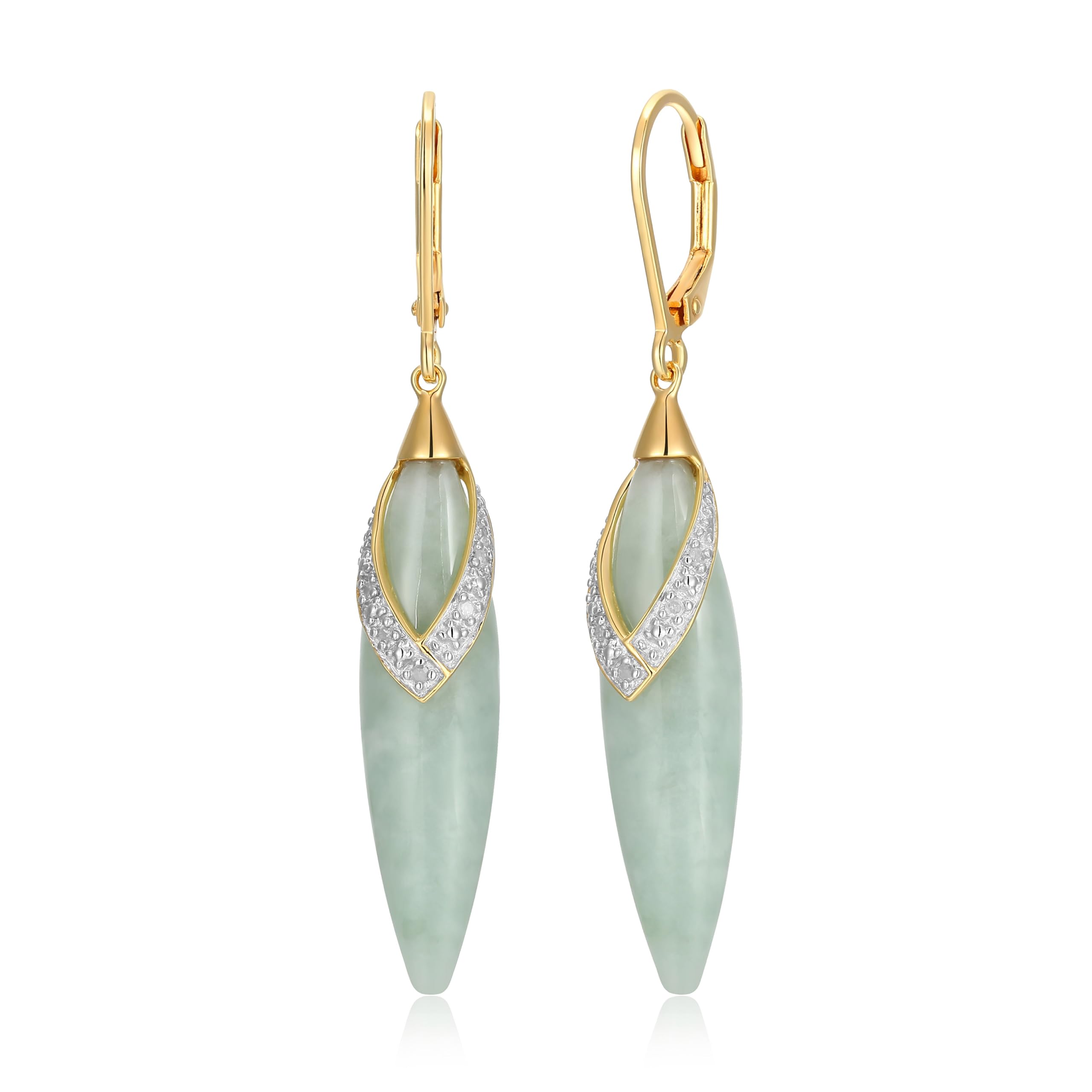 MORGAN & PAIGE 18K Yellow Gold Plated .925 Sterling Silver Genuine Green Jade and 1/20 Cttw Diamond Leaf-Shaped Leverback 2" Dangle Earrings (I-J Color, I2-I3 Clarity)