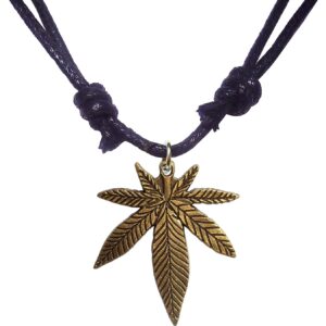 Bijoux de Ja Antique Bronze Pot Leaf Weed Pendant Adjustable Black Cord Necklace 16-30 Inches