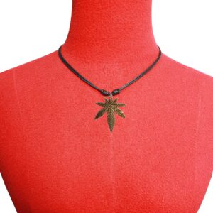 Bijoux de Ja Antique Bronze Pot Leaf Weed Pendant Adjustable Black Cord Necklace 16-30 Inches