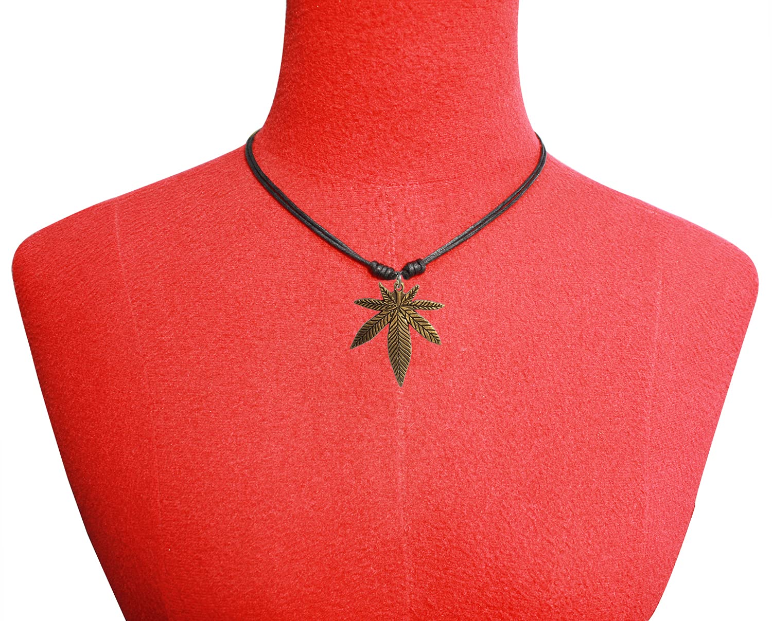 Bijoux de Ja Antique Bronze Pot Leaf Weed Pendant Adjustable Black Cord Necklace 16-30 Inches