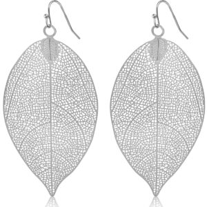 humble chic big filigree leaf earrings - lightweight cutout oversized drop dangles - long vintage-style dangling drops, 3.5" inch - large silver