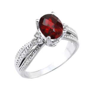 10k White Gold Diamond-Accented Band Oval Garnet Engagement Ring (Size 6.75)