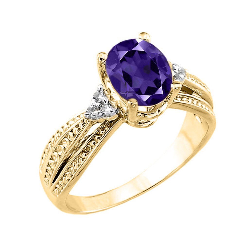 10k Yellow Gold Diamond-Accented Band Oval Amethyst Engagement Ring (Size 6)