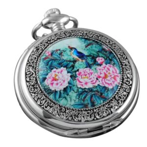 vigoroso quartz beautiful peony bird enamel painting steampunk silver pocket watches in box