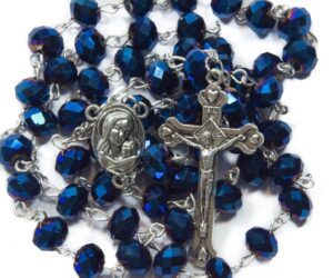 nazareth store deep blue crystal beads rosary catholic necklace holy soil medal cross crucifix velvet bag