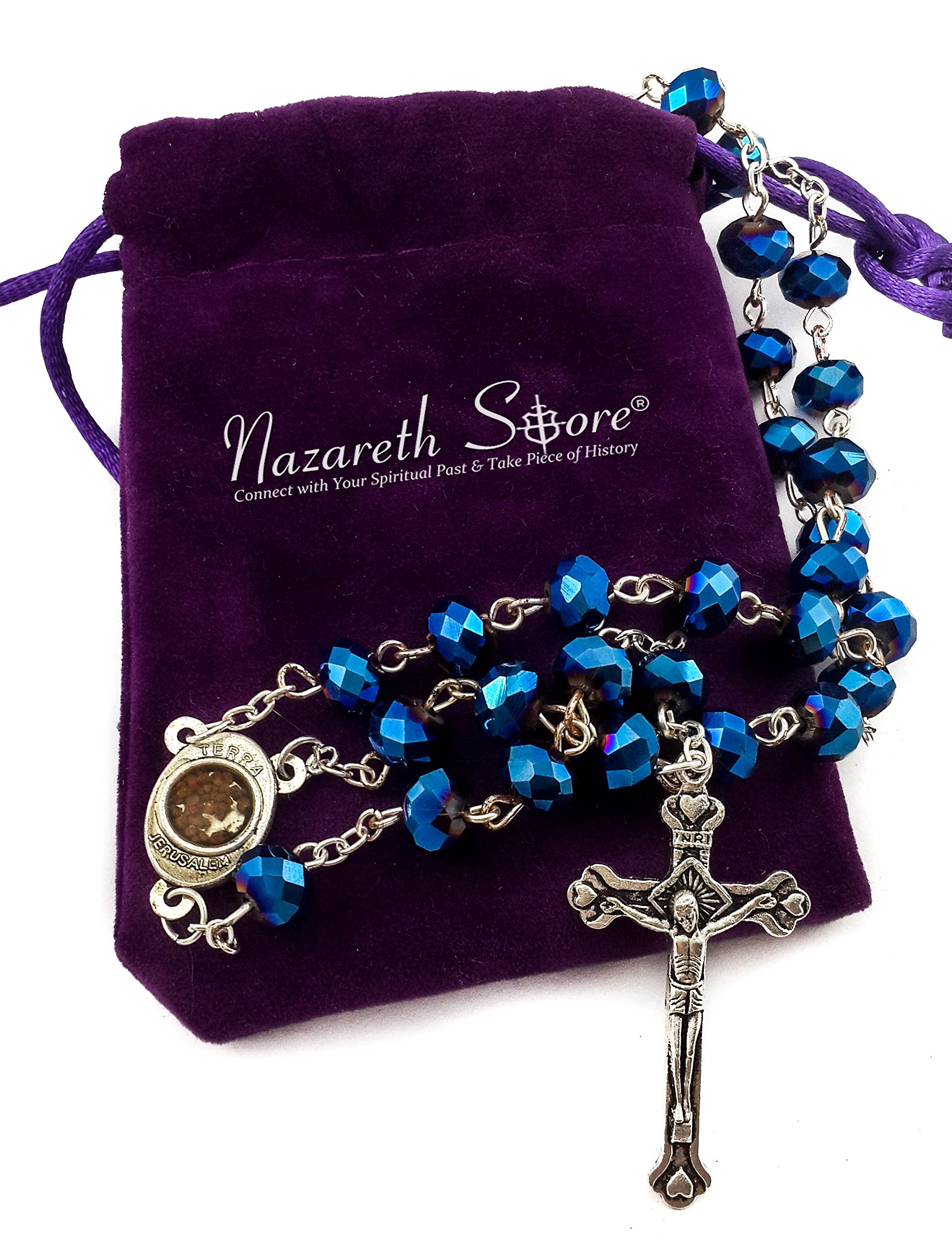 Nazareth Store Deep Blue Crystal Beads Rosary Catholic Necklace Holy Soil Medal Cross Crucifix Velvet Bag