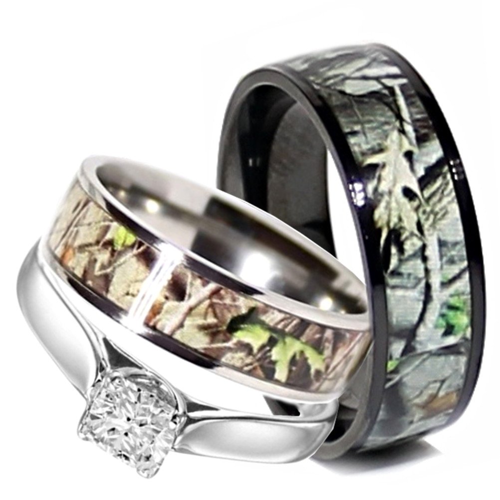 Camo Wedding Rings Set His and Hers 3 Rings Set, Stainless Steel and Titanium (Size His 08, Hers 09)