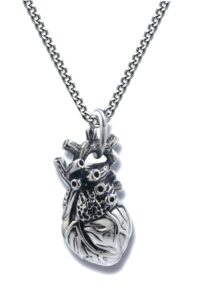 pearlina anatomical heart necklace man or woman 3d pendant oxidized antique-finish stainless steel, 24"