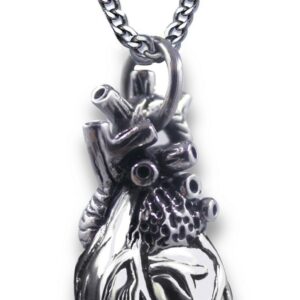 Pearlina Anatomical Heart Necklace Man or Woman 3D Pendant Oxidized Antique-Finish Stainless Steel, 24"