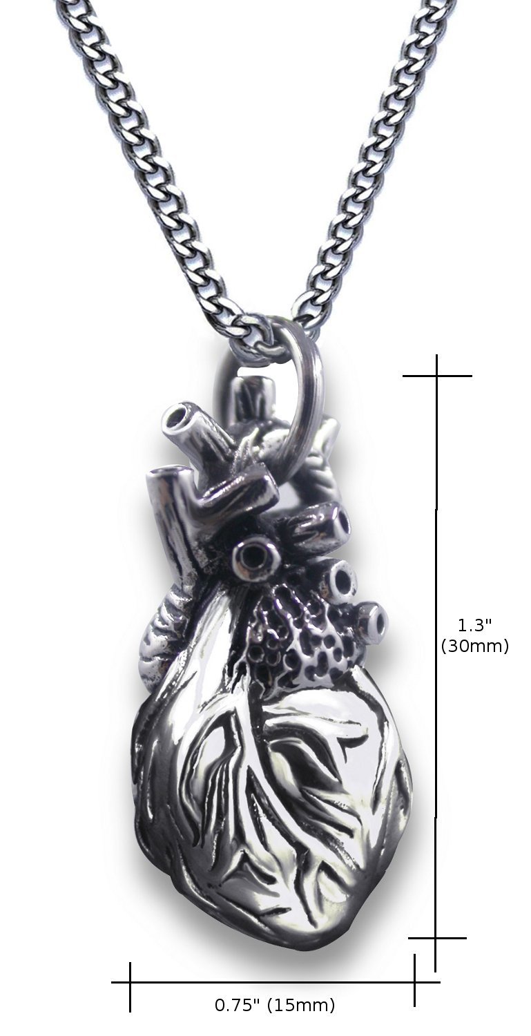 Pearlina Anatomical Heart Necklace Man or Woman 3D Pendant Oxidized Antique-Finish Stainless Steel, 24"