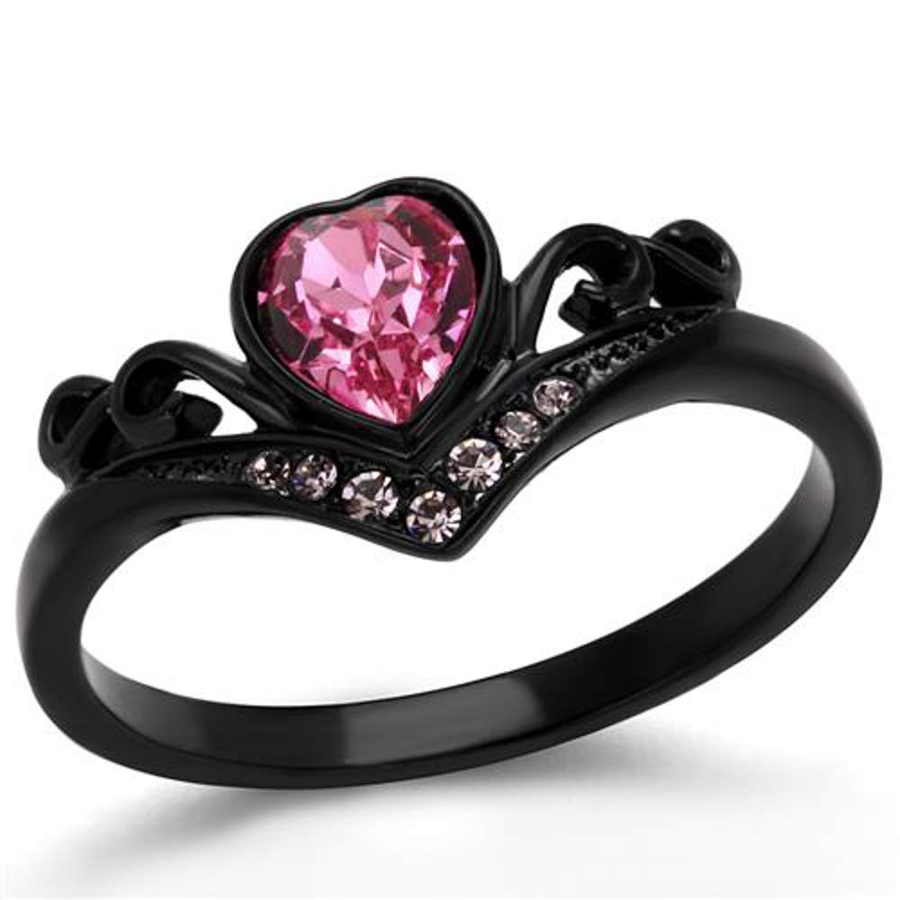 Marimor Jewelry Women's Round Cut Pink Zirconia Black Stainless Steel Heart Fashion Ring Size 5