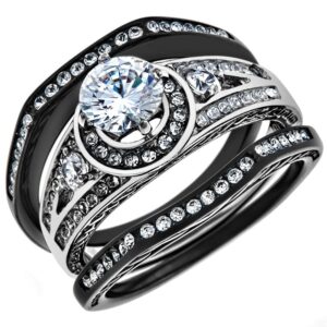 marimor jewelry 2.15 carat halo round cubic zirconia black stainless steel wedding ring set women's size 9