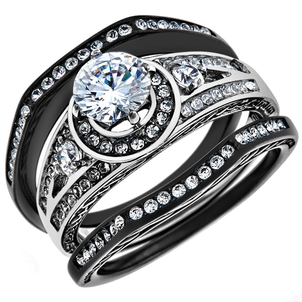 Marimor Jewelry 2.15 Carat Halo Round Cubic Zirconia Black Stainless Steel Wedding Ring Set Women's Size 9