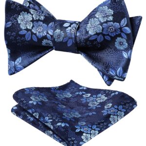 HISDERN Bow Ties for Men Navy Blue Floral Self Tie Bow Tie and Pocket Square Classic Bowties Formal Business Tuxedo Wedding Bowties Handkerchief Set