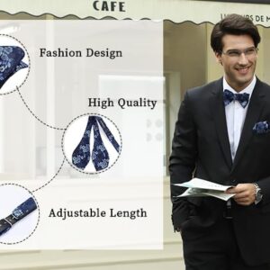 HISDERN Bow Ties for Men Navy Blue Floral Self Tie Bow Tie and Pocket Square Classic Bowties Formal Business Tuxedo Wedding Bowties Handkerchief Set