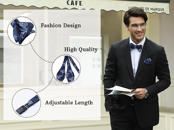 HISDERN Bow Ties for Men Navy Blue Floral Self Tie Bow Tie and Pocket Square Classic Bowties Formal Business Tuxedo Wedding Bowties Handkerchief Set