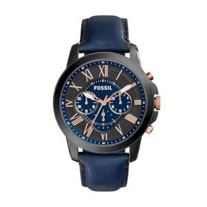 fossil men's grant quartz stainless steel and leather chronograph watch, color: black, navy (model: fs5061)