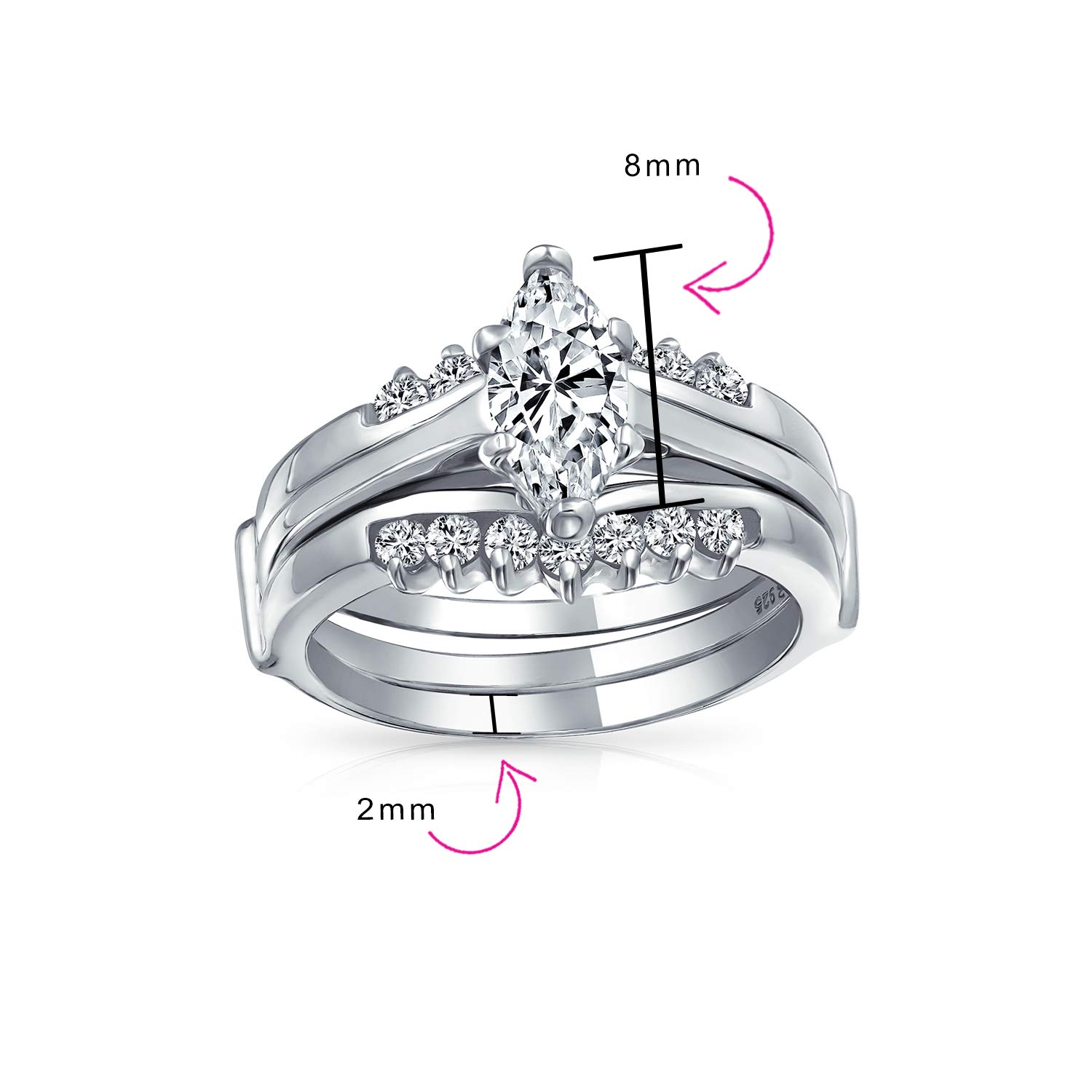 2.5CT Solitaire Marquise AAA CZ Band Inset Guard Enhancers Engagement Wedding Ring Set For Women .925 Sterling Silver