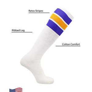 TCK Retro 3 Stripe Tube Socks (Purple/Gold, Medium)