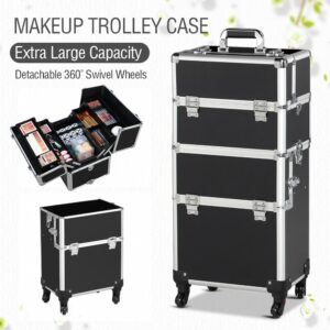 Yaheetech Rolling Makeup Train Case 3 in 1 Cosmetic Makeup Case Large Aluminum Trolley Makeup Travel Case Professional Rolling Cosmetic Beauty Storage, with 360° Swivel Wheels, Black