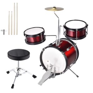 AW Drum Set with 3 Piece Drums Bass Tom Hi-Hat 4pcs Drumsticks Seat Cymbal Throne Stool Kids Musical Instruments Kit Red