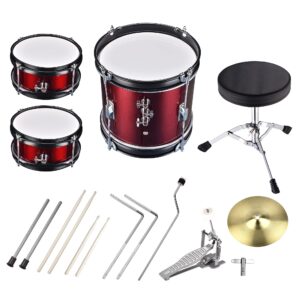 AW Drum Set with 3 Piece Drums Bass Tom Hi-Hat 4pcs Drumsticks Seat Cymbal Throne Stool Kids Musical Instruments Kit Red