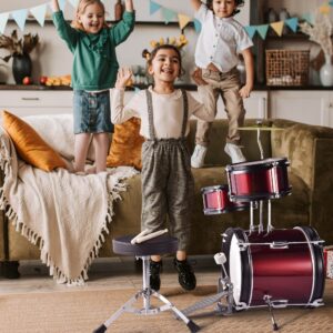 AW Drum Set with 3 Piece Drums Bass Tom Hi-Hat 4pcs Drumsticks Seat Cymbal Throne Stool Kids Musical Instruments Kit Red