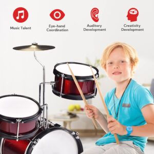 AW Drum Set with 3 Piece Drums Bass Tom Hi-Hat 4pcs Drumsticks Seat Cymbal Throne Stool Kids Musical Instruments Kit Red