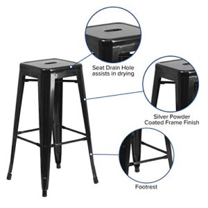 Flash Furniture 30"H Commercial Modern Metal Backless Barstool, Indoor/Outdoor Industrial Square Stacking Bar Stool for Patio Bars/Restaurants, Black