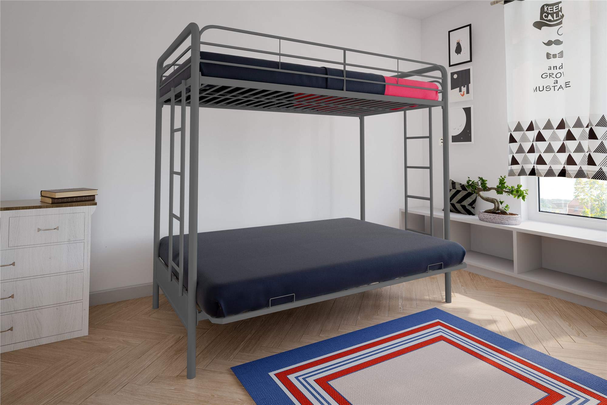 DHP Sammie Twin over Futon Metal Bunk Bed, Silver