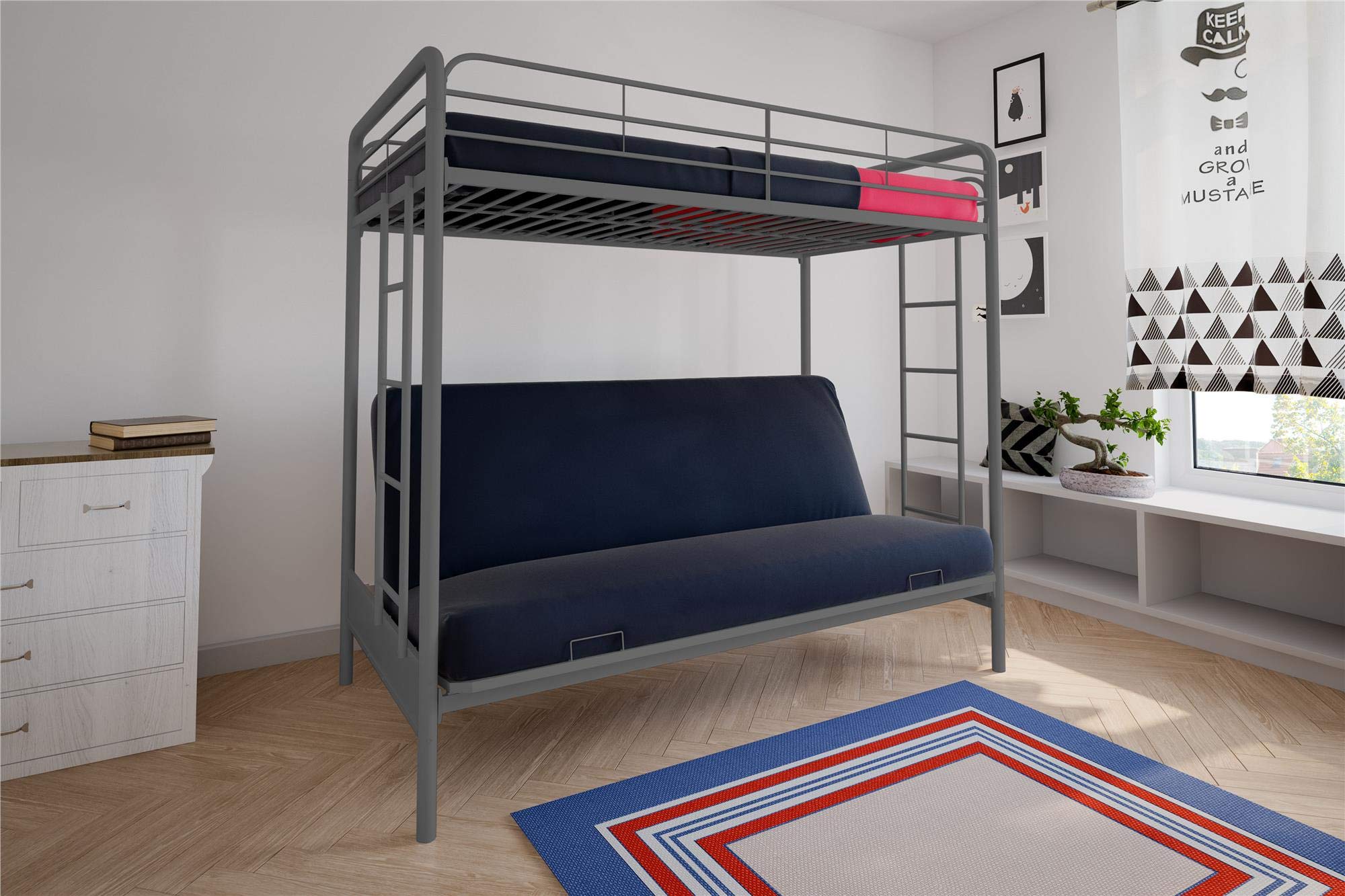 DHP Sammie Twin over Futon Metal Bunk Bed, Silver