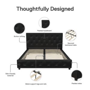 DHP Dakota Upholstered Platform Bed with Diamond Button Tufted Headboard and Footboard, No Box Spring Needed, Queen, Black Faux Leather