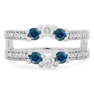 Dazzlingrock Collection 0.80 Carat (ctw) 14K Blue & White Diamond Wedding Band 3 Stone Guard Ring 3/4 CT, White Gold, Size 6