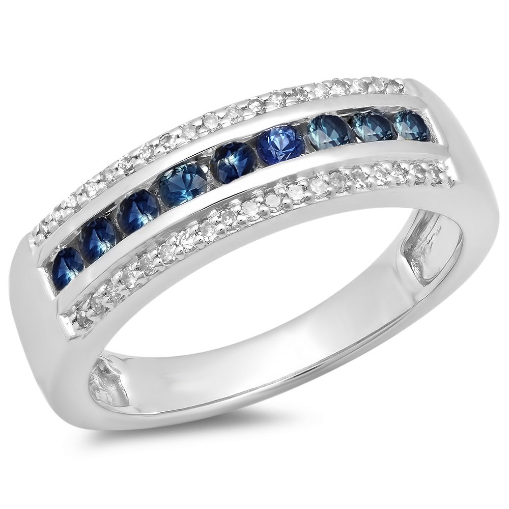 Dazzlingrock Collection 14K Round Blue Sapphire & White Diamond Wedding Band for Women, White Gold, Size 7