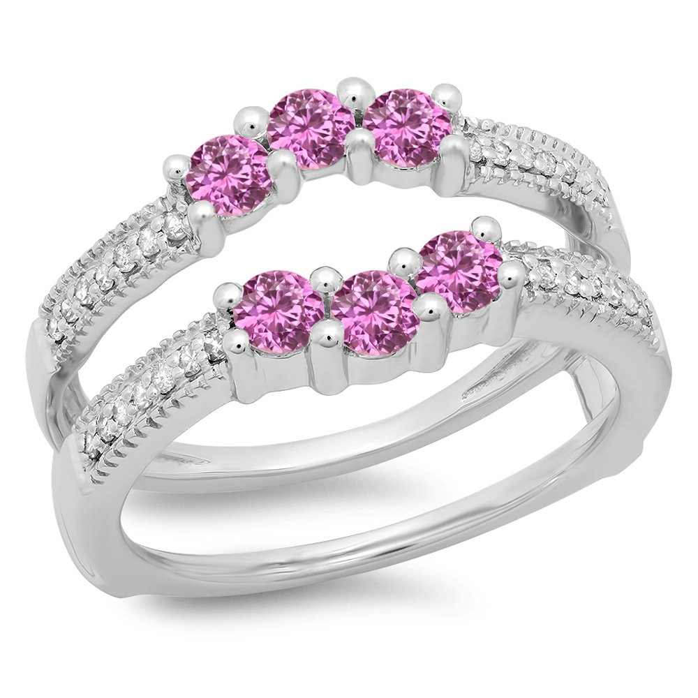 Dazzlingrock Collection 14K Pink Sapphire & White Diamond Wedding Band 3 Stone Enhancer Guard Ring, White Gold, Size 7