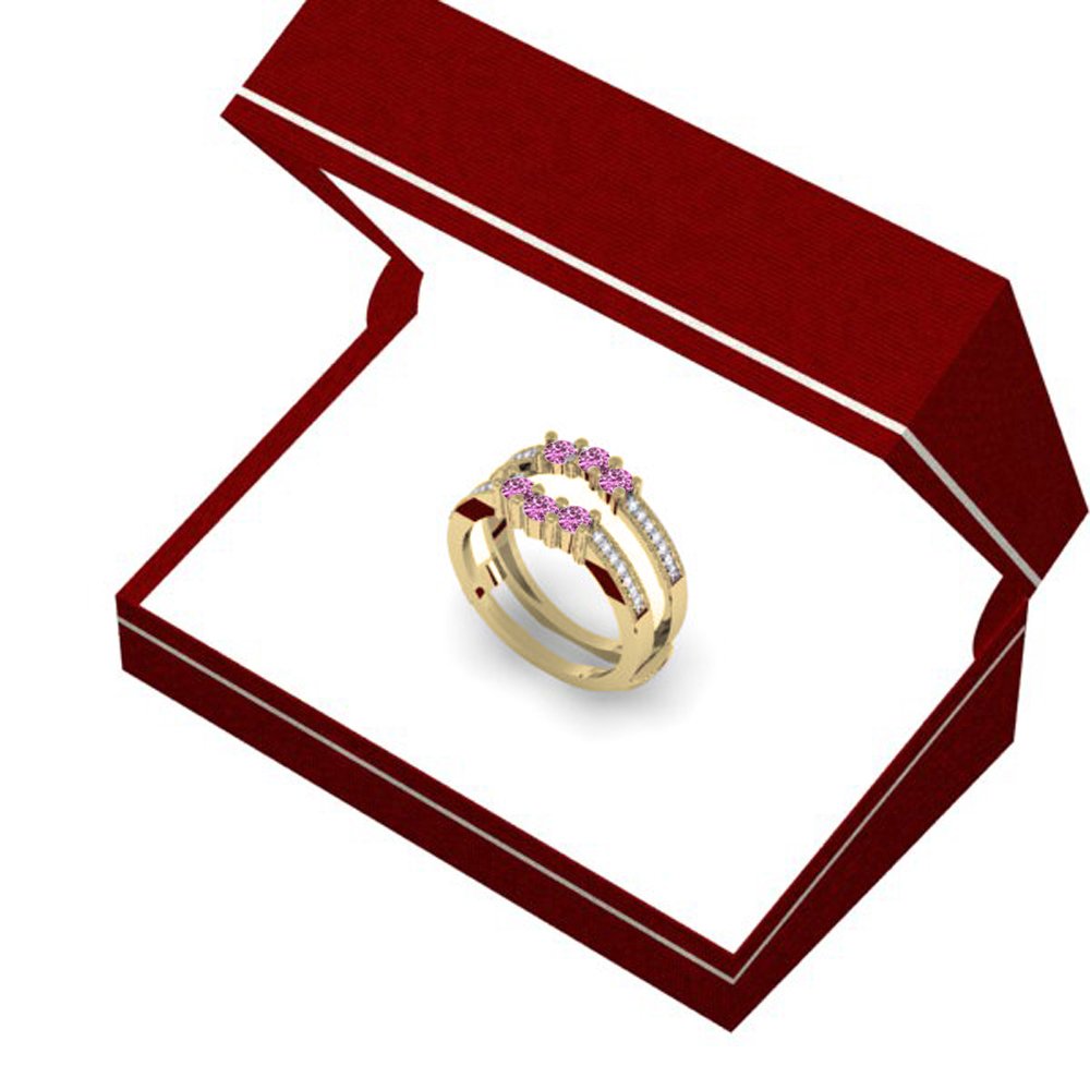 Dazzlingrock Collection 14K Pink Sapphire & White Diamond Wedding Band 3 Stone Enhancer Guard Ring, Yellow Gold, Size 6