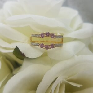 Dazzlingrock Collection 14K Pink Sapphire & White Diamond Wedding Band 3 Stone Enhancer Guard Ring, Yellow Gold, Size 6