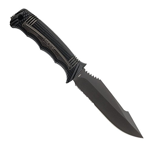 SOG Seal Strike Fixed Blade Knife with Sheath- Tactical and Hunting Knife with 4.9 Inch Partially Serrated Bowie Knife Blade and Survival Knife Line Cutter (SS1003-CP)