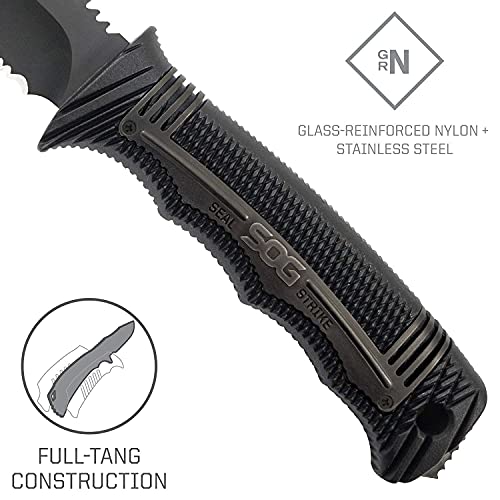 SOG Seal Strike Fixed Blade Knife with Sheath- Tactical and Hunting Knife with 4.9 Inch Partially Serrated Bowie Knife Blade and Survival Knife Line Cutter (SS1003-CP)