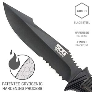 SOG Seal Strike Fixed Blade Knife with Sheath- Tactical and Hunting Knife with 4.9 Inch Partially Serrated Bowie Knife Blade and Survival Knife Line Cutter (SS1003-CP)