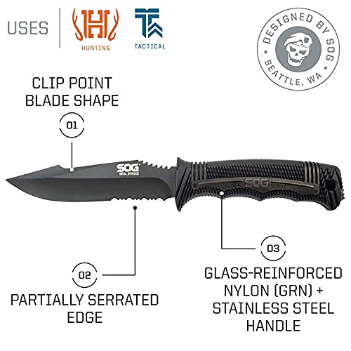 SOG Seal Strike Fixed Blade Knife with Sheath- Tactical and Hunting Knife with 4.9 Inch Partially Serrated Bowie Knife Blade and Survival Knife Line Cutter (SS1003-CP)