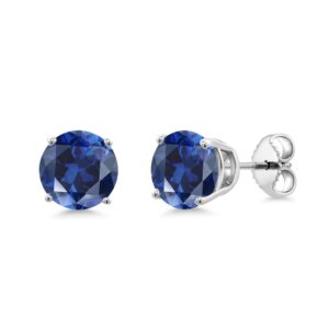 Gem Stone King 925 Sterling Silver Blue Created Sapphire Earrings | 3.20 Cttw | 7MM Round Stud Earrings for Women