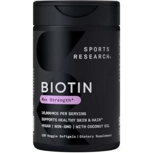 sports research vegan biotin 10,000mcg with coconut oil - max strength biotin vitamin b7 for skin and keratin support - non-gmo & gluten free, 120 softgels (4 month supply)