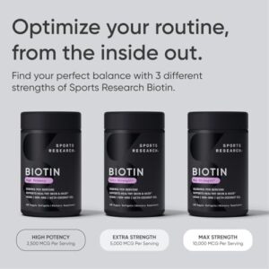 Sports Research Vegan Biotin 10,000mcg with Coconut Oil - Max Strength Biotin Vitamin B7 for Skin and Keratin Support - Non-GMO & Gluten Free, 120 Softgels (4 Month Supply)