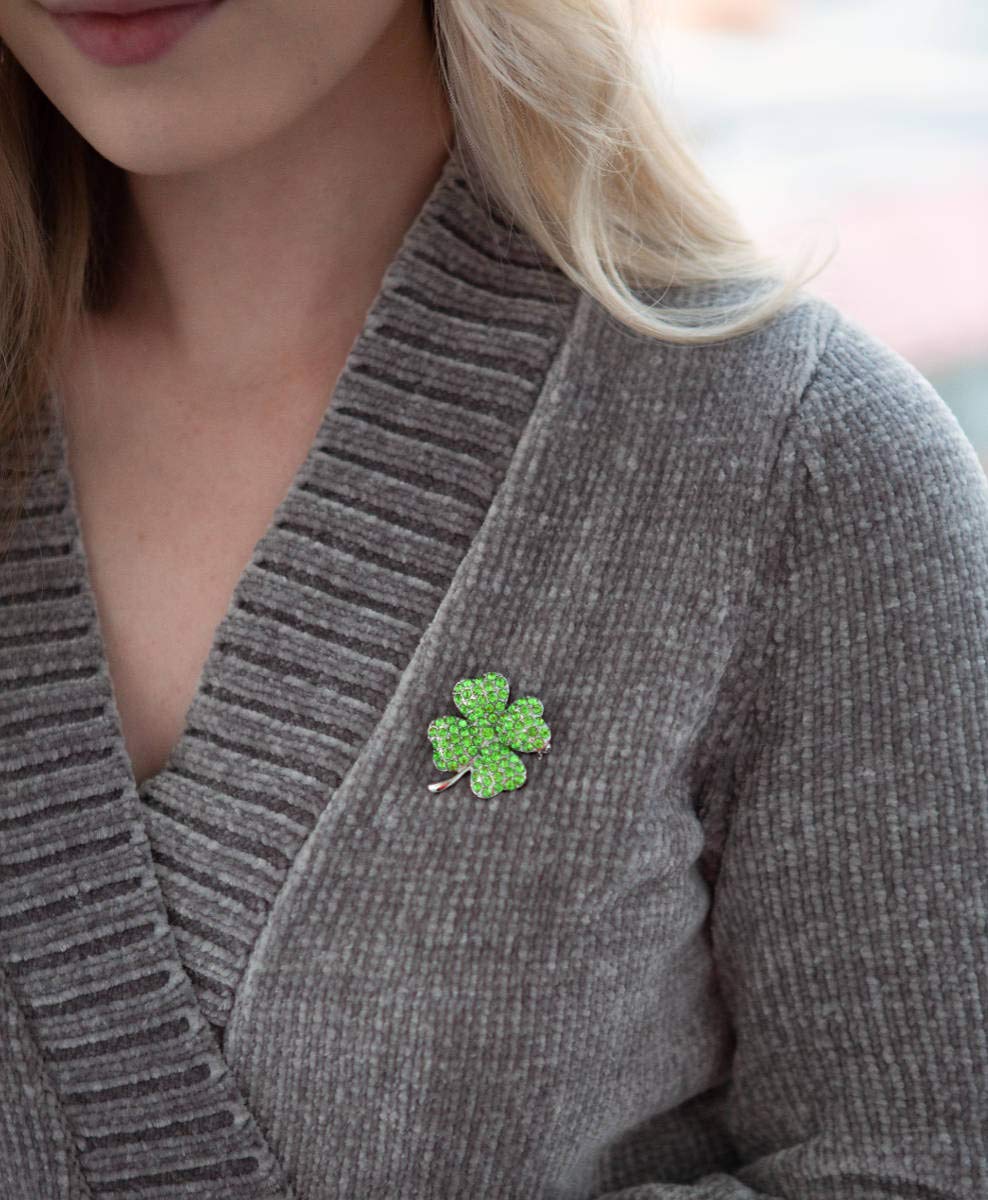 PammyJ Green Crystal Shamrock Four Leaf Clover Brooch Pin