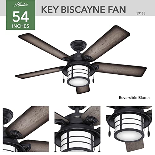 Hunter Fan Company Fan Key Biscayne Indoor/Outdoor Ceiling Fan with 2 LED Lights and Pull Chain Control, Weathered Zinc Finish, 54 Inch