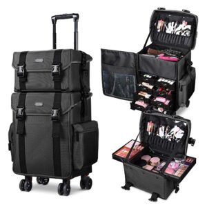 BYOOTIQUE 2in1 Soft Sided Rolling Makeup Train Case Trolley Freelance Makeup Artist Cosmetic Organize Storage Travel Case with Wheels Classic Black